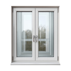 A symmetrical white framed window with two panes and metal handles in a neutral setting indoors