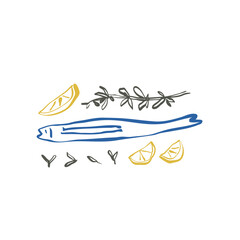 Minimalist fish with lemon slices and thyme in blue yellow and olive line art hand drawn in natural organic whimsical style