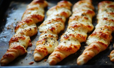 Twisted cheese breadsticks, freshly baked on tray