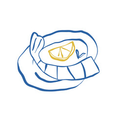 Hand drawn shrimp on plate with lemon slice in minimalist style blue and yellow seafood dish illustration