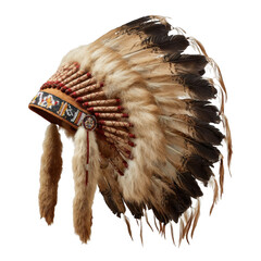 A native american headdress with feathers and beadwork against a transparent background in a studio shot