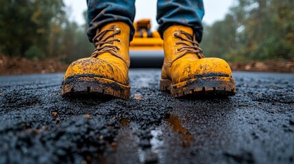 Work boots stand on freshly paved asphalt road with a roller in the background
