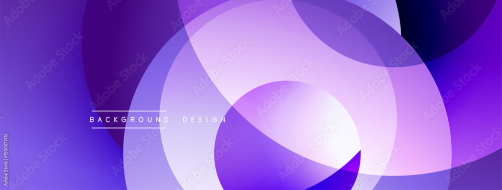 Poster abstract purple design features overlapping circles. gradient shades create dynamic visual effect. m