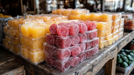 Stacked, wrapped fruit sweets create colorful display on rustic wood counter in dim store
