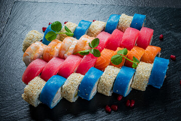 Colorful sushi rolls are beautifully arranged for an inviting presentation