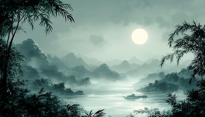 Misty mountain river scene, tranquil