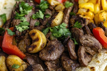 Grilled Meat Dish with Colorful Vegetables and Fresh Herbs