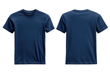A navy blue t shirt shown from the front and back on a black background for product visualization