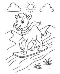 Coloring book camel wearing a scarf sandboarding down a dune in the sunny desert.