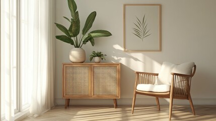 Fototapeta premium Serene interior with natural light, minimalist furniture, and botanical accents enhancing the calm atmosphere