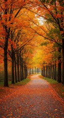 Naklejka premium Autumnal Path Through Vibrant Trees Showing Orange Leaves Fall Scenery Photo