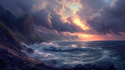 Fototapeta premium Dramatic seascape with towering cliffs, crashing waves, and stunning sunset