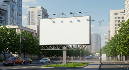 A realistic mockup of a large roadside billboard in an urban setting during daytime. The billboard has a metal frame with a blank white display, ready for ad design placement.