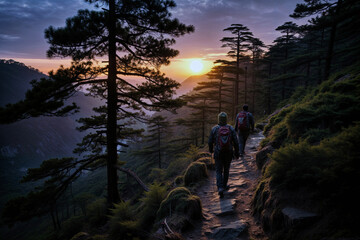 Hikers walk along mountain trail at sunset. Two people are trekking through a forest with tall trees at dusk. Adventure and exercise in nature.