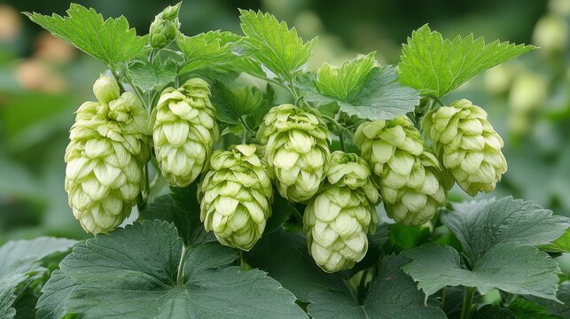 Green leafy plant featuring cone-shaped hop flowers clustered together in a natural setting