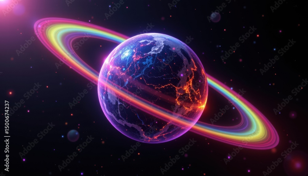 Aufkleber vibrant planet surrounded by colorful ring system in deep space with glowing elements and ethereal l