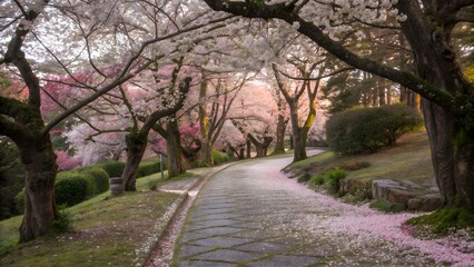Fototapeta premium A serene garden path adorned with vibrant cherry blossom trees in full bloom, offering a peaceful and picturesque springtime setting.