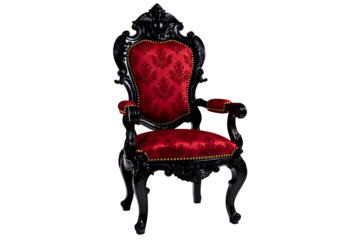 Ornate baroque-style armchair with red velvet upholstery and black carved wooden frame on transparent background, royal antique furniture piece embodying opulent Victorian elegance and grandeur