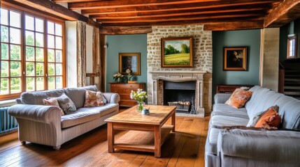 Cozy country living room with exposed beams and fireplace