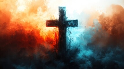 Colorful Christian Cross Watercolor Art - Blue and Orange Gradient