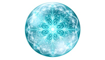 A frozen soap bubble covered in intricate fractal ice patterns, glowing with inner turquoise light. Sharp frost details, isolated on white, winter-themed scientific visual.