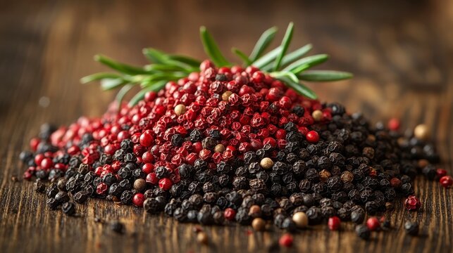 Pile of colorful peppercorns with sprig on a rustic wooden surface