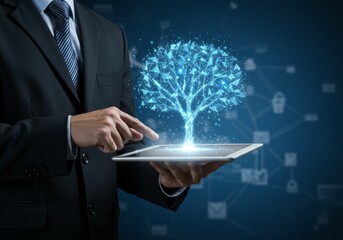 Businessman Holding Digital Tablet with Glowing Tree and Network Illustration