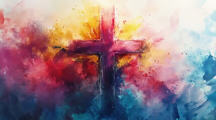 Vibrant Watercolor Painting of Colorful Cross Symbolizing Faith, Hope, Spirituality, and Easter Theme