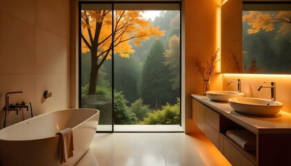 Serene spa-inspired bathroom with natural stone, bamboo elements, and soft, warm lighting.
