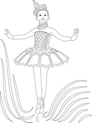 Outline Drawing of Ballerina with Party Hat, Black and white outline drawing of a young ballerina performing a dance pose while wearing a party hat and tutu. Stylized background elements. 