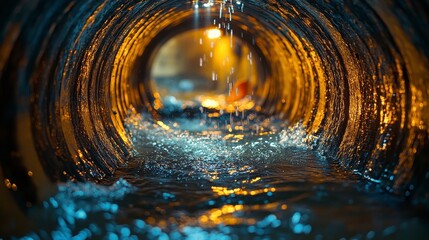 Water trickles through a tunnel with dim light and texture