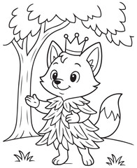 Coloring book fox wearing a crown and a leafy gown stands gracefully under a tree