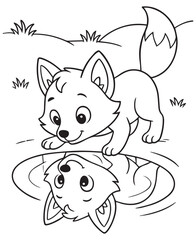 Coloring book baby fox gazes at its reflection in a still puddle, a charming scene 