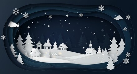 Christmas Paper Cut Winter Landscape With Houses and Snowfall Illustration