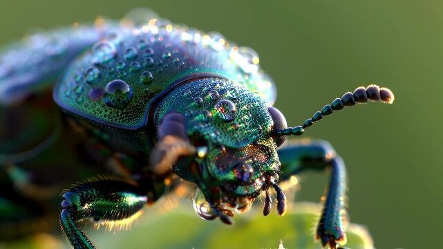 Macro Close-Up: Jewel Beetle Covered in Dew, Sparkling in Sunlight, Detailed Nature Footage