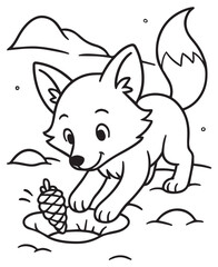 Coloring book little fox discovers a pinecone in the snow, 