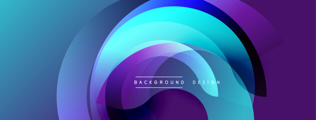 Abstract flowing layers create vibrant gradient. Circular shapes overlap, forming dynamic background design. Blues, purples dominate composition.