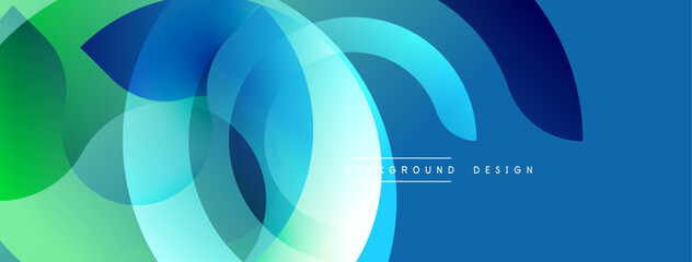 Abstract fluid shapes overlap, creating vibrant blue, green gradients. Modern design suggests movement, energy, depth. Minimal text present.