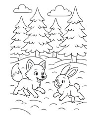 Coloring book fox and a playful bunny frolic in a snowy forest, surrounded by tall pine trees