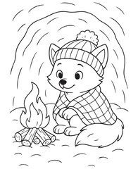 Coloring book fox in a cozy hat and blanket, sitting by a campfire in a cave