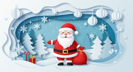 Obraz premium Christmas Illustration Of Santa Claus With Gifts And Winter Snow