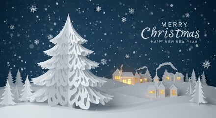 Christmas Illustration of Snowy Village with White Paper Cut Tree and Snow