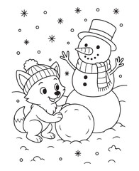 Coloring book fox building a snowman in falling snow, wearing a warm hat