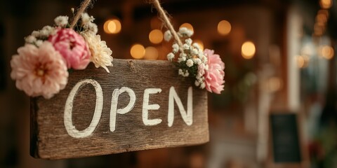 wooden open sign hangs with floral decor, business establishment ready to serve customers