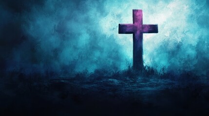 Abstract Dark Cross on Watercolor Wash Background with Copy Space for Worship Slide