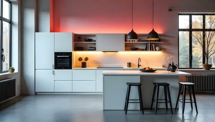 Sleek Scandinavian kitchen with white cabinetry, black fixtures, and open shelving