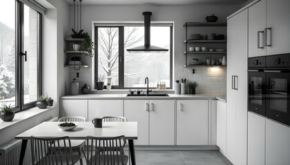 Sleek Scandinavian kitchen with white cabinetry, black fixtures, and open shelving