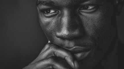 Close-up monochrome portrait, man's face, hand on chin, thoughtful expression, conveying contemplation, introspection, or quiet strength