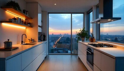 Sleek Scandinavian kitchen with white cabinetry, black fixtures, and open shelving