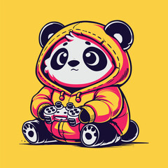 Cute panda in a hoodie playing video games with a controller, set against a bright yellow background. © Chairul